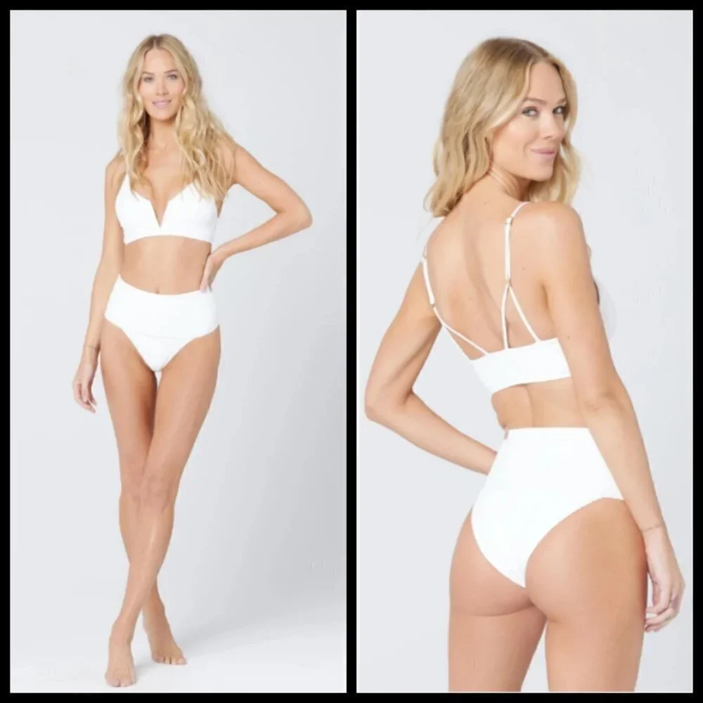 💕L*SPACE💕 Pointelle Rib Bikini Set - Gizelle Top + Desi Bottom ~ White XL NWT